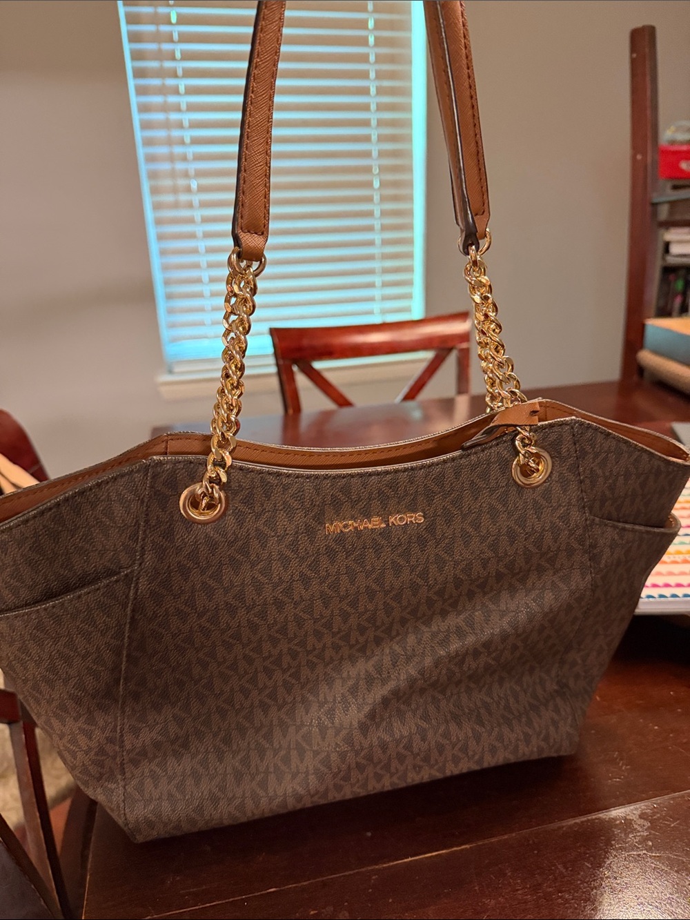 Michael Kors Brown MK Logo Chain-Accent Tote